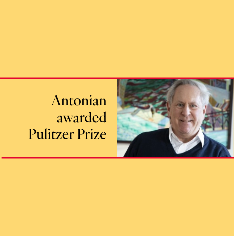An image of David E Hoffman on a yellow background. Text to the left of the image reads 'Antonian awarded Pulitzer Prize'