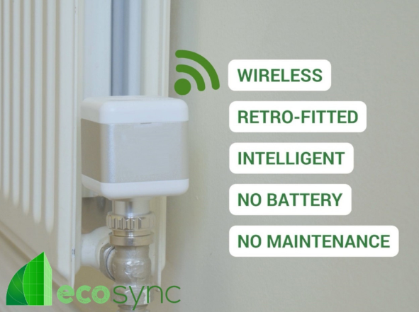 Ecosync smart heating valve attached to a radiator, a white cube with a metal strip around the outside. Test reads: wireless, retrofitted, intelligent, no battery, no maintenance.