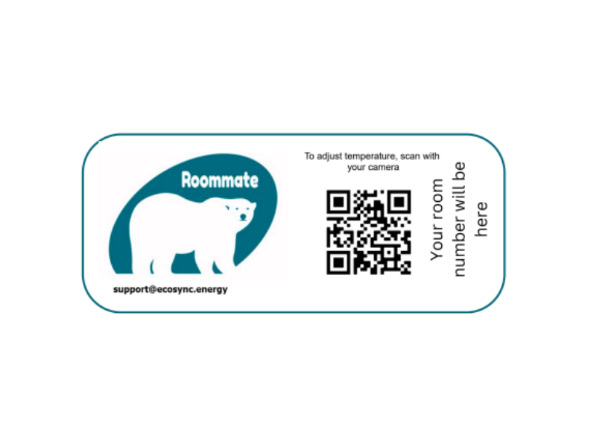 White rectangular sticker with blue polar bear logo and a QR code to control heating.