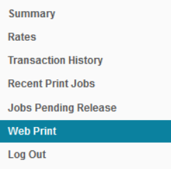 Picture of the PaperCut menu with Web Print selected