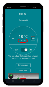 Screenshot of smart heating app, it shows the temperature controls. In the centre the largest number is the temperature setting. Below in smaller text circled in red is the current temperature of the room